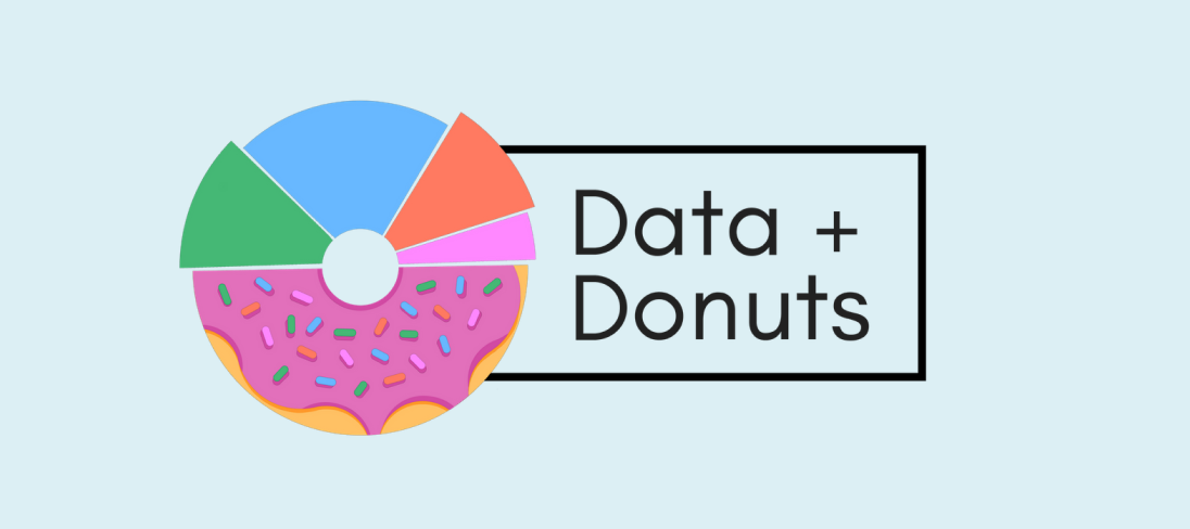 An image of a logo containing a donut, where the top half displays a pie chart, and the words “Data plus sign Donuts.”